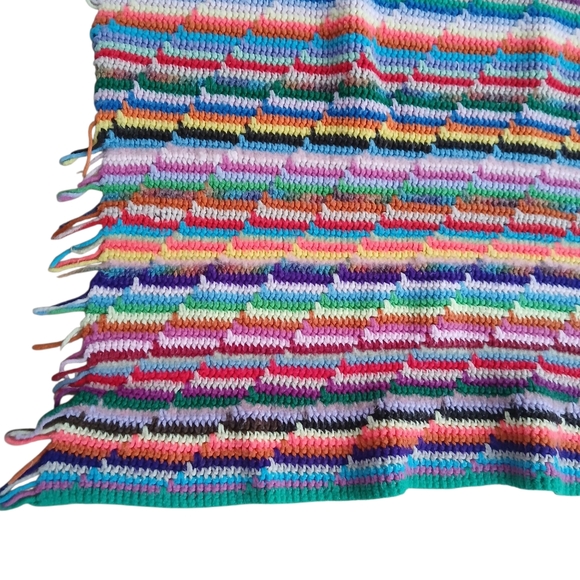 1980's Crochet Afghan Blanket Retro Rainbow Throw Fringe Ends Upcycled 67 x 52 - Picture 1 of 15